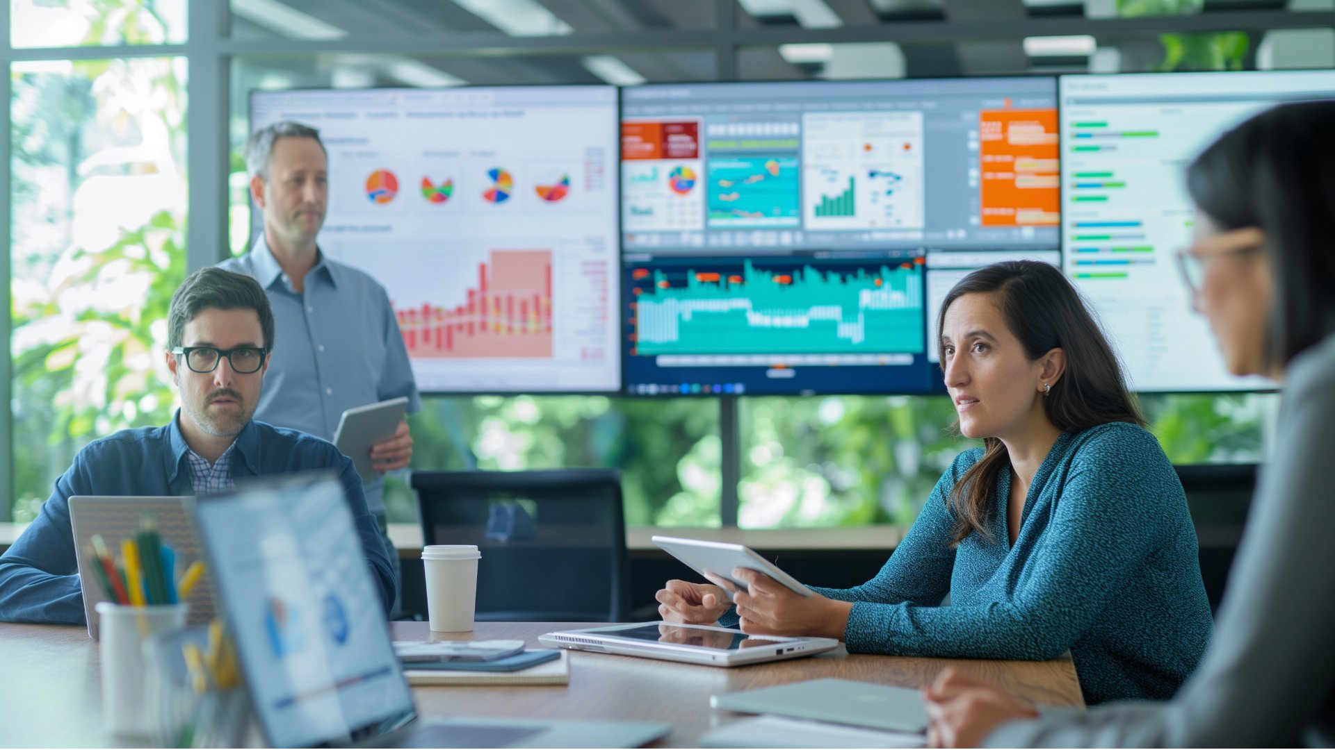 A diverse team of professionals collaborating around a custom software dashboard, feeling empowered and productive.